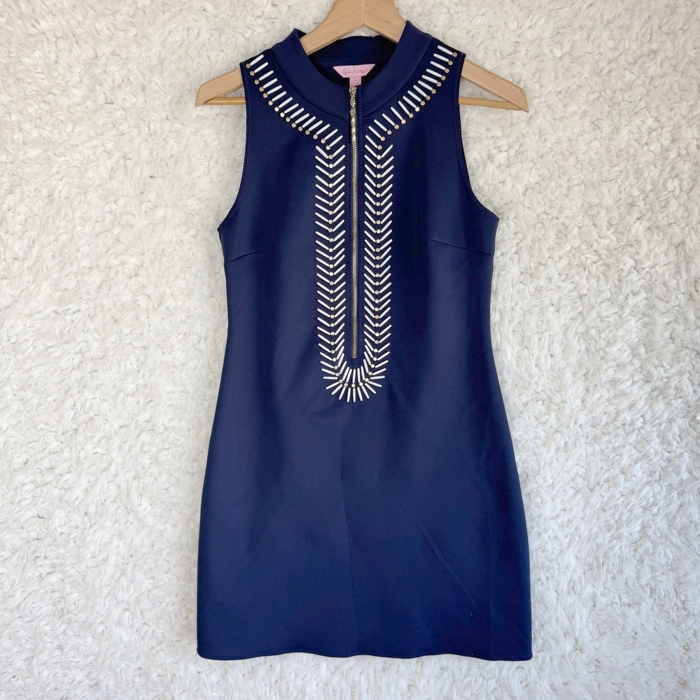 Lilly Pulitzer Navy Blue‎ Sleeveless Shift Dress Gold White Embellished Small S